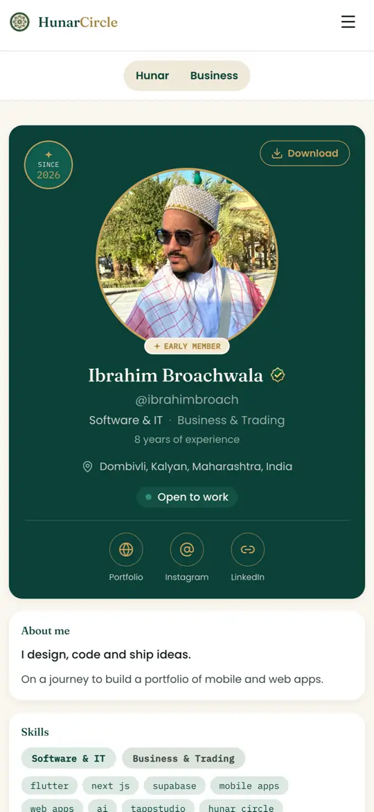 Hunar Circle Screenshot 2 - Verified Hunar Profile with Skills and Contact Links