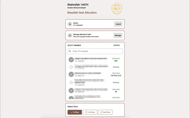 Masallah Seat Booking Screenshot 1 - Member Selection with Allocation Status