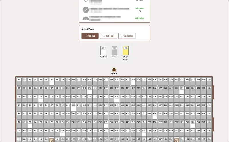 Masallah Seat Booking Screenshot 2 - Floor Selection and Seat Map