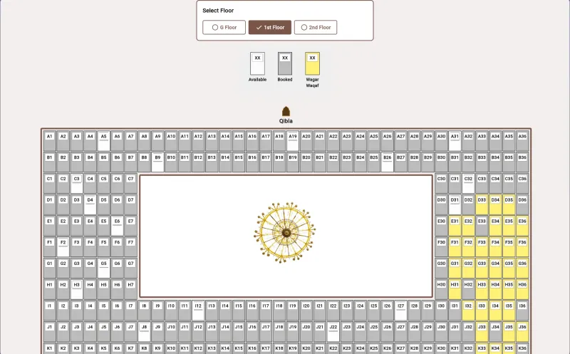 Masallah Seat Booking Screenshot 3 - 1st Floor Seat Map with Available, Booked and Wagaf Seats